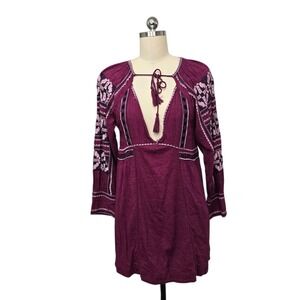 Free People Embroidered Tunic Dress Plum Purple Long Sleeve Tie Neck Womens XS